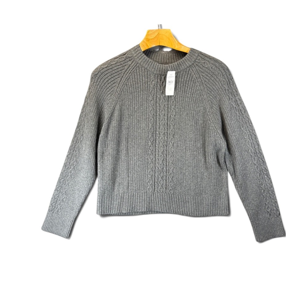 NWT LOFT Ribbed Cable Knit Pullover Sweater Women M Grey Cotton Warm Cozy Crew